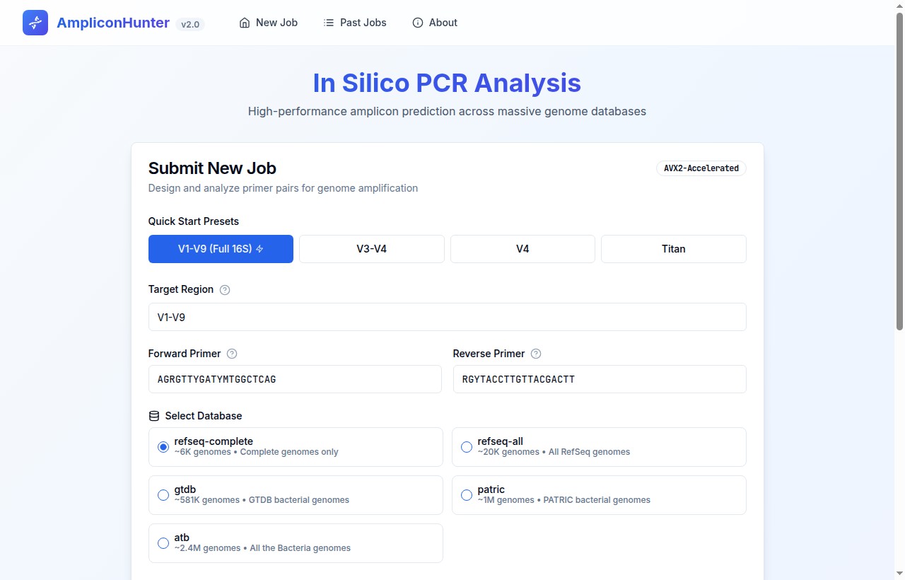 AmpliconHunter v2 web interface for in silico PCR across massive genome databases
