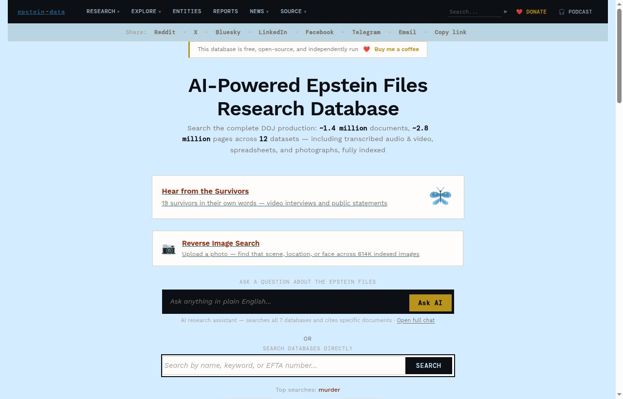 The epstein-data.com research database: plain-English AI search across ~1.4M DOJ documents
