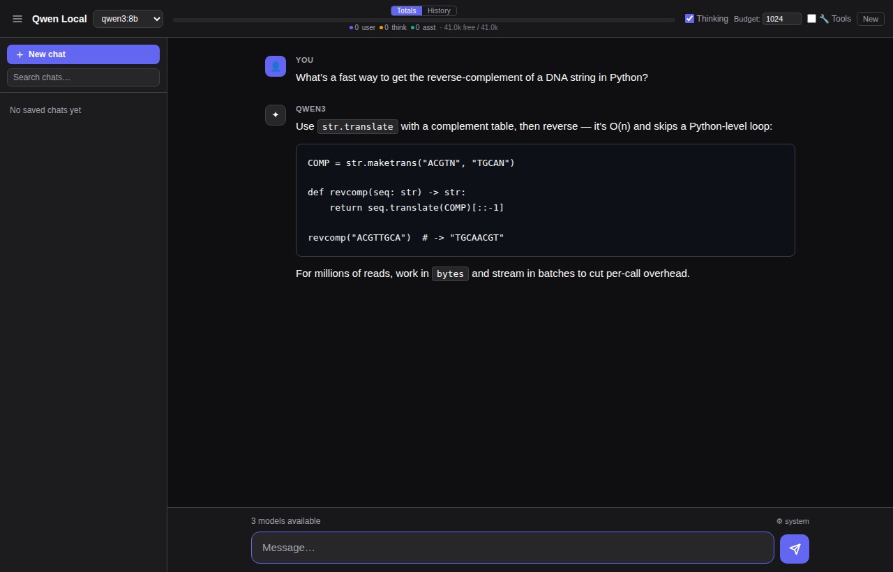 qwen-local's browser chat UI running Qwen3 against a local Ollama endpoint